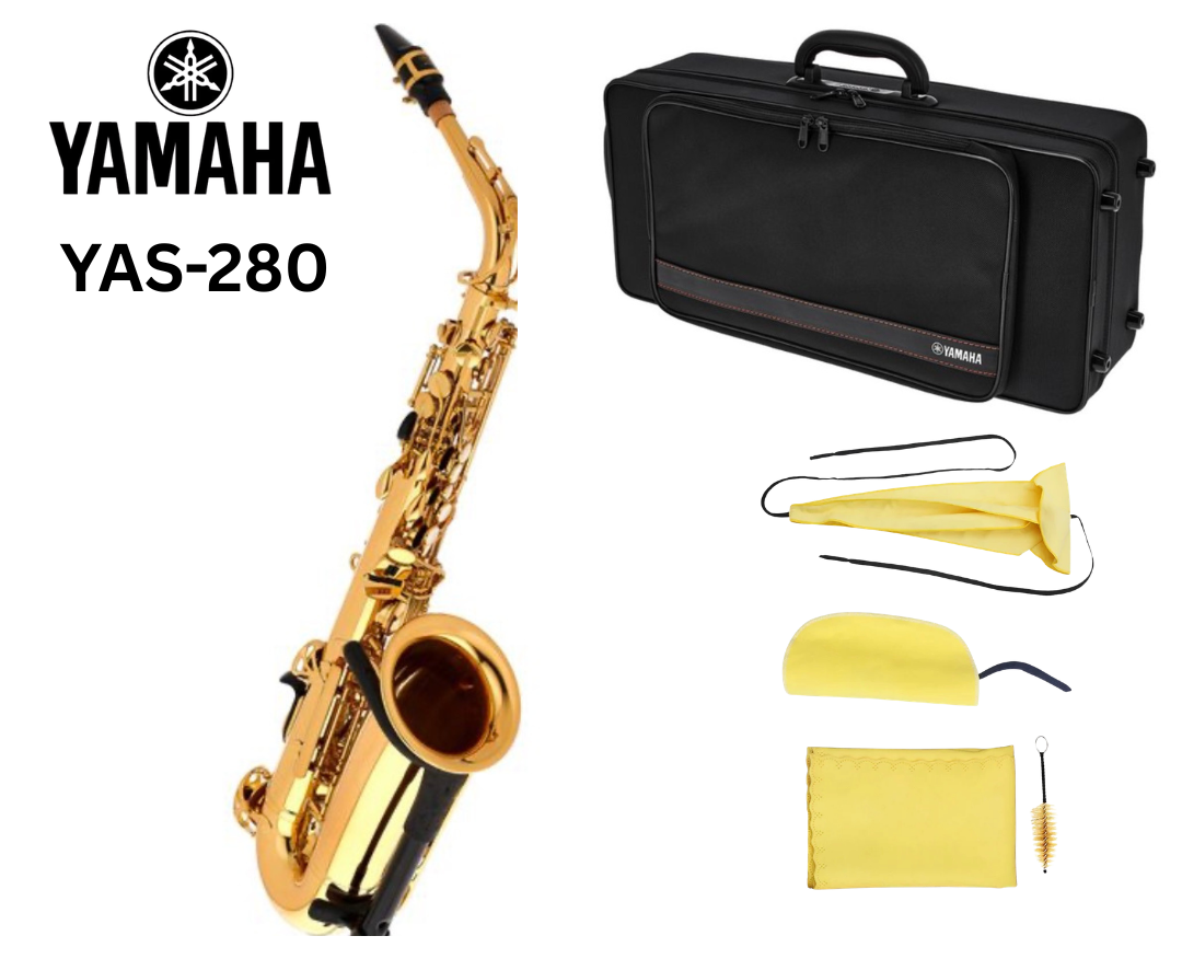Altsaxophon Yamaha YAS 280 von Costa Instruments, glänzendes Musikinstrument, Nahaufnahme in schwarz mit goldenen Klappen