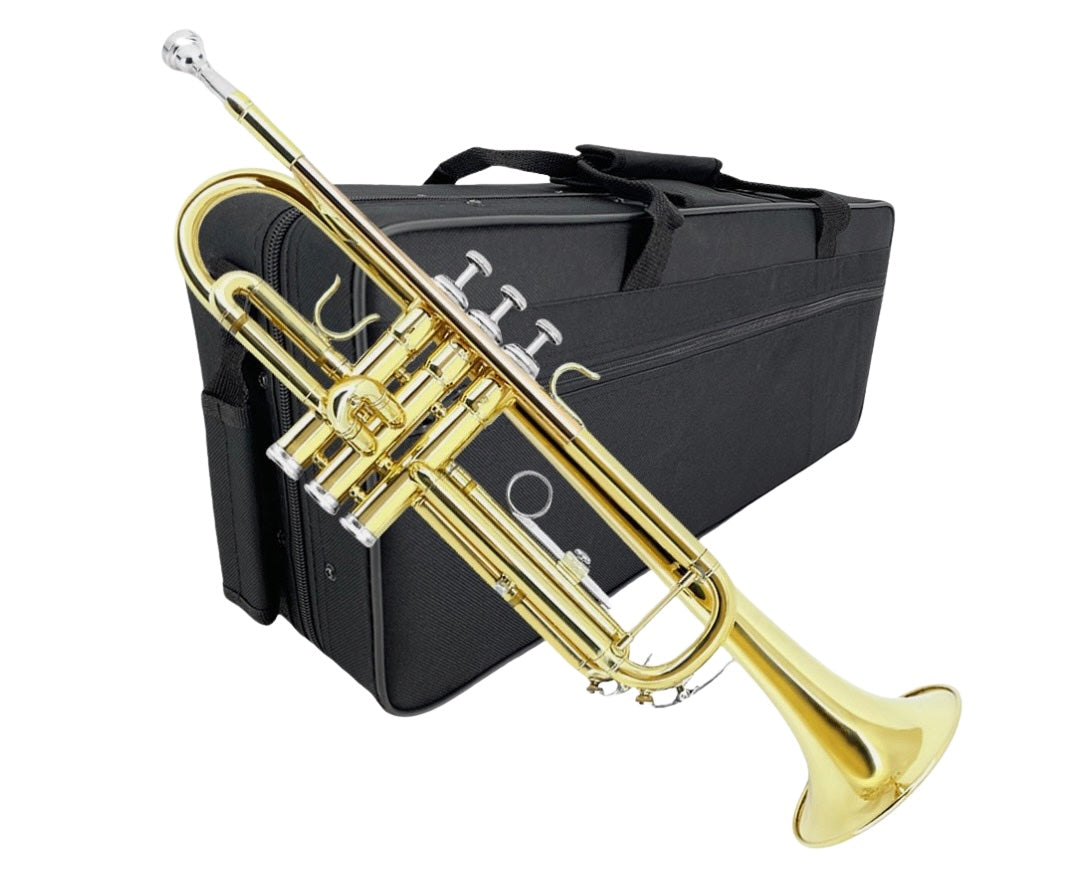 Goldene Anfänger-Trompete in Bb von Costa Instruments mit Koffer, Mundstück und Zubehör für Schüler.