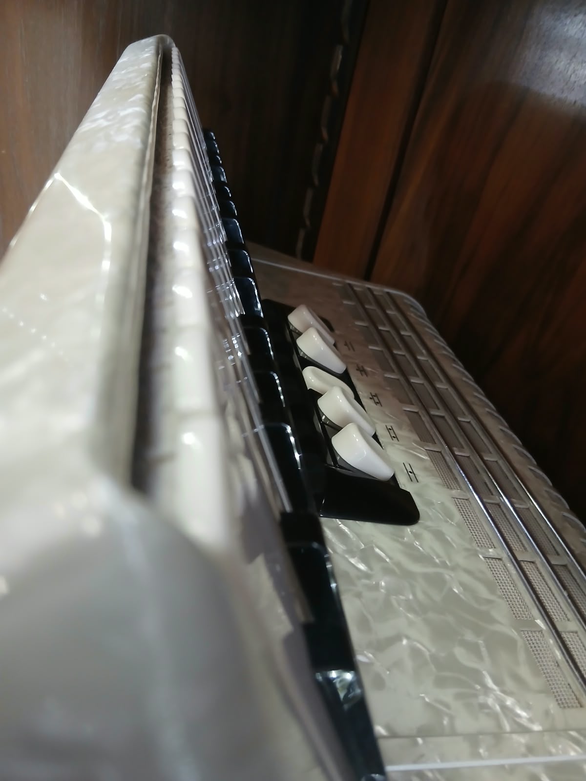 Hohner Akkordeon Weiss CONCERTO III T Perlmutt von Costa Instruments, mit 5 Registern und Koffer, in gutem Zustand.