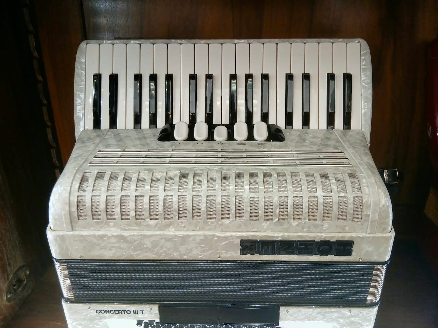 Hohner Akkordeon Weiss CONCERTO III T Perlmutt von Costa Instruments, 5 Register, im Koffer, gepflegter Zustand
