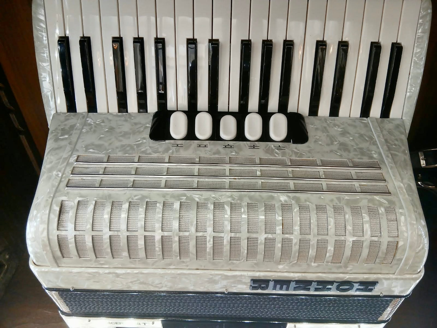 Hohner Akkordeon Weiss CONCERTO III T Perlmutt von Costa Instruments mit 5 Registern, in gutem Zustand, mit Koffer.