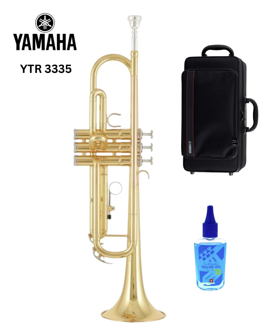 Yamaha YTR-3335 Bb-Trompete von Costa Instruments, Detailaufnahme der goldenen Trompete auf weißem Hintergrund