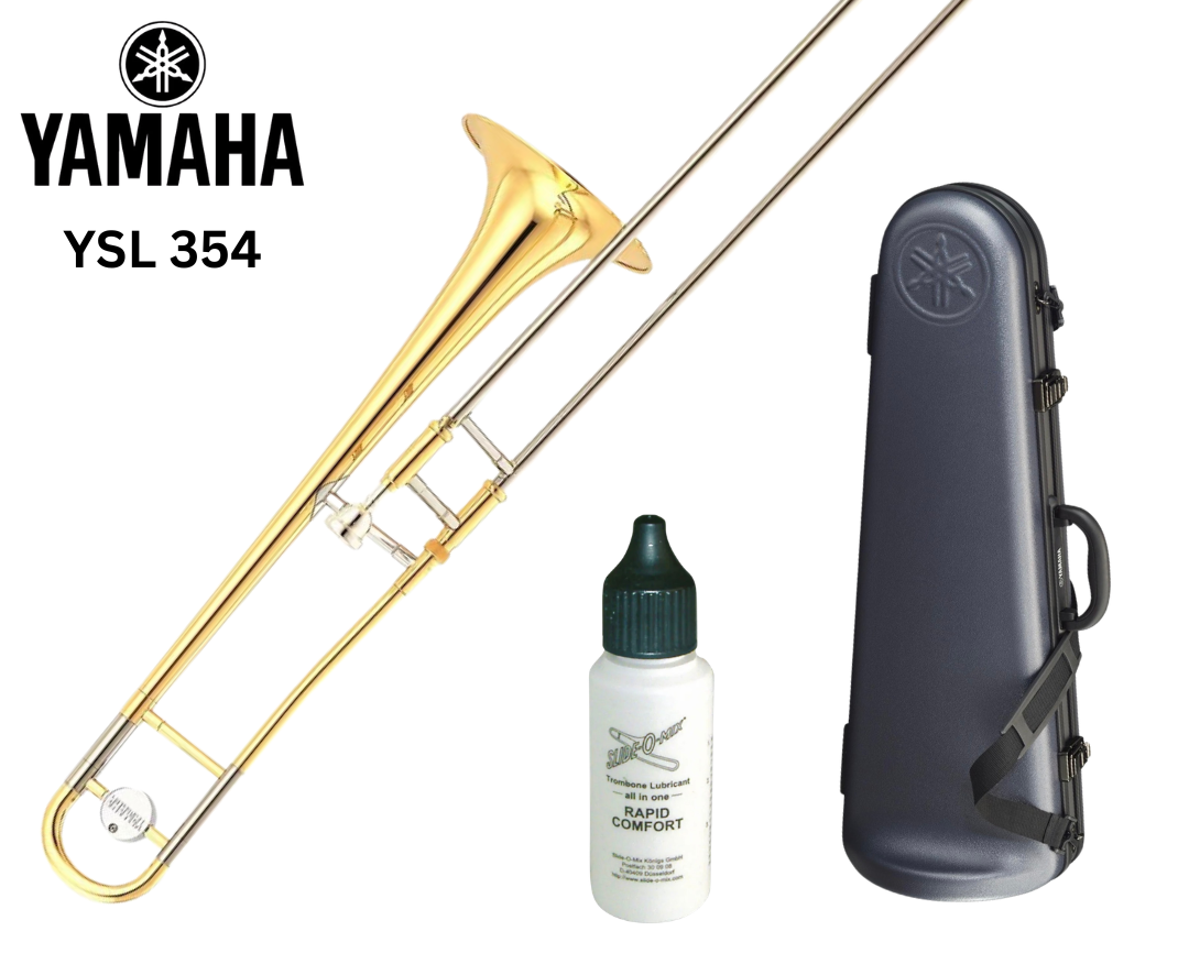 Yamaha YSL-354 Tenorposaune aus Blechblasinstrument, gebogenes Mundrohr, glänzende Oberfläche, auf einem weißen Hintergrund