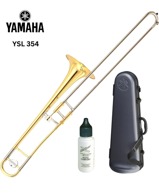 Yamaha YSL-354 Tenorposaune aus Blechblasinstrumenten, mit goldener Oberfläche, im Profil fotografiert, auf einem schwarzen Hintergrund.