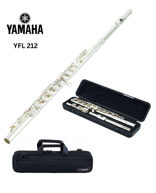 Querflöte Yamaha YFL-212, Blechblasinstrument von Costa Instruments, in Silber mit Griffen und Mundstück, auf einem weißen Hintergrund.