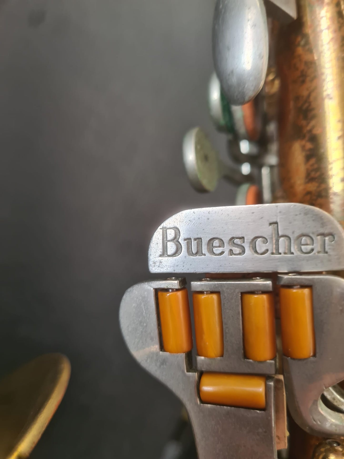 Altsaxophon Buescher 400 Blumen von Costa Instruments, gebrauchtes Saxophon mit floralem Design, auf einem weißen Hintergrund.