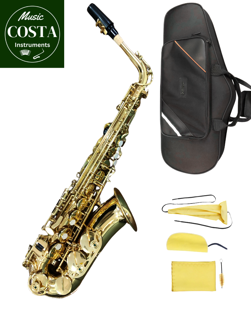 Altsaxophon von Costa Instruments im Schüler-Set mit Koffer, ideal für Anfänger, komplett mit Zubehör und Tragekoffer.