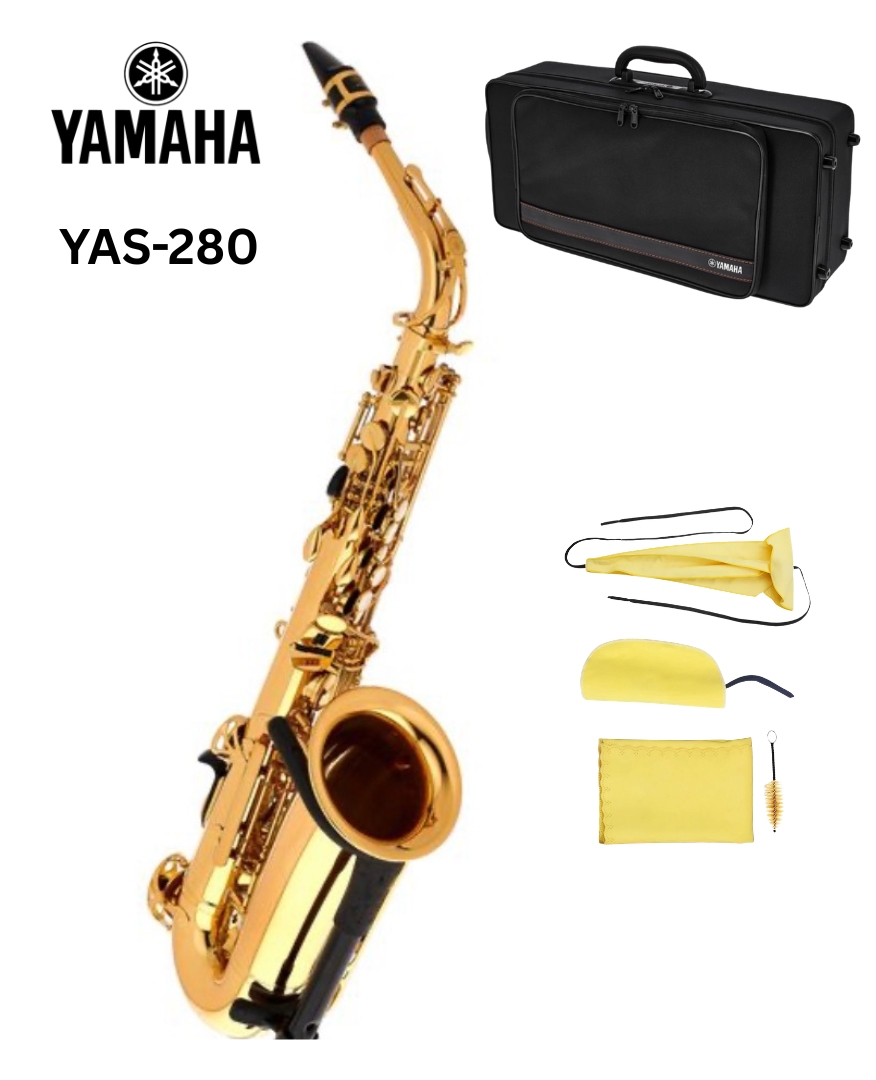 Altsaxophon Yamaha YAS 280 von Costa Instruments, liegend mit goldener Oberfläche und Klappen.