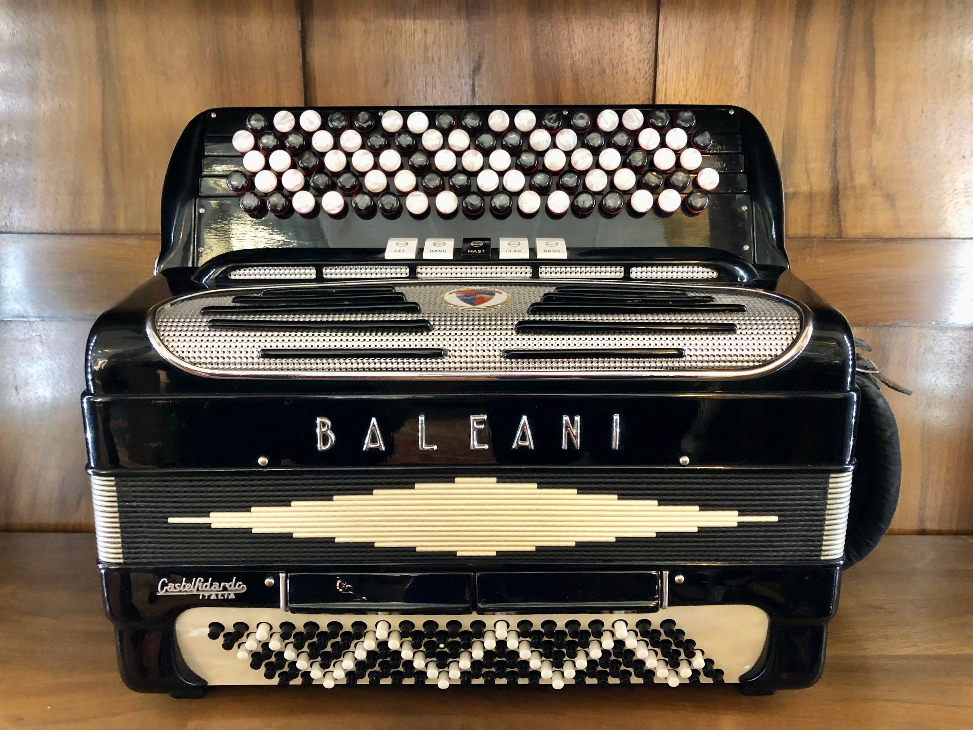 Gebrauchtes Baleani Akkordeon 120 Bass von Costa Instruments mit Knöpfen, in Castelfidardo hergestellt, mit 1 Jahr Garantie.