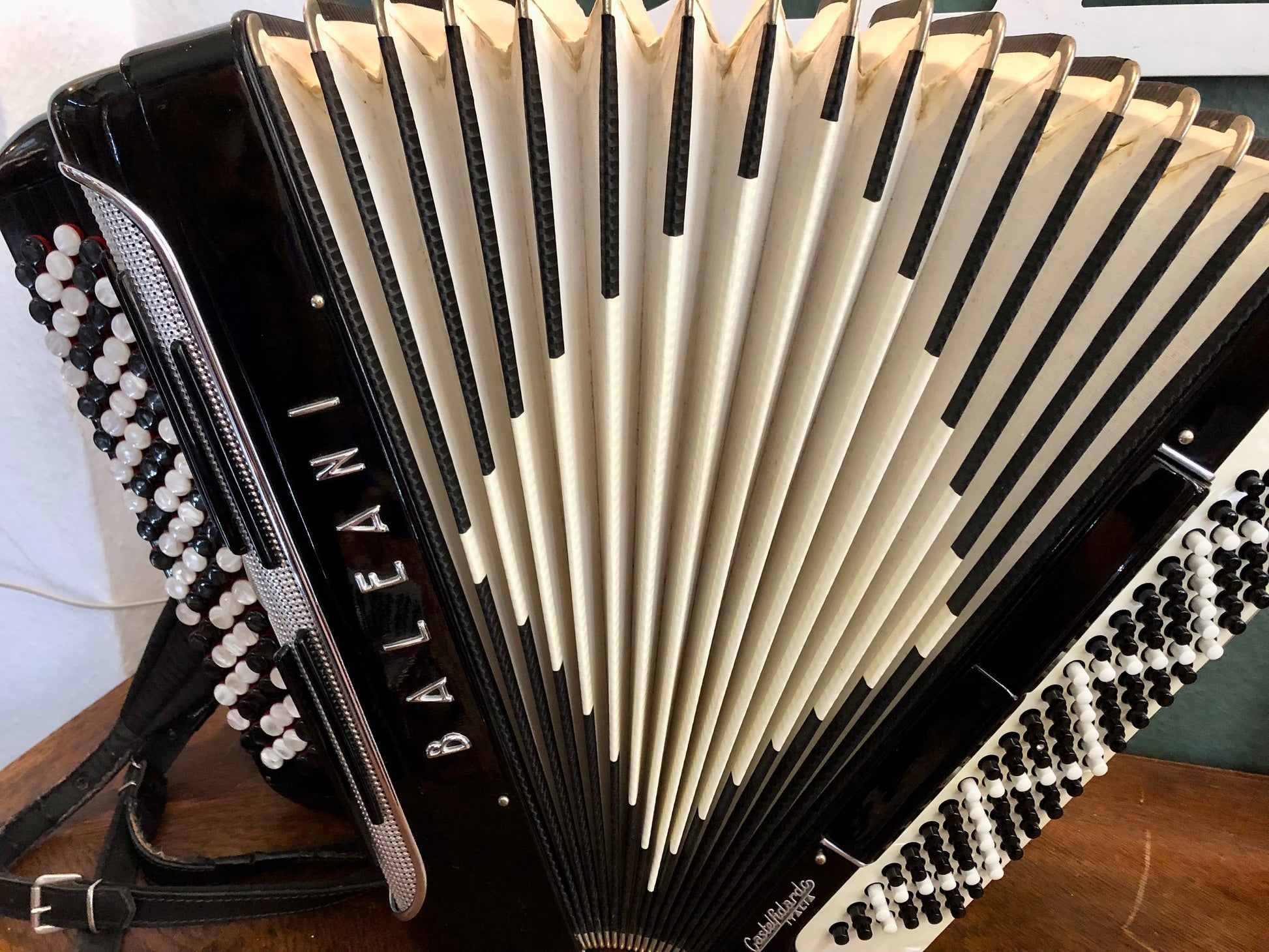 Gebrauchtes Baleani Akkordeon 120 Bass von Costa Instruments, mit 1 Jahr Garantie, zeigt Knöpfe und das typische Design in Castelfidardo.