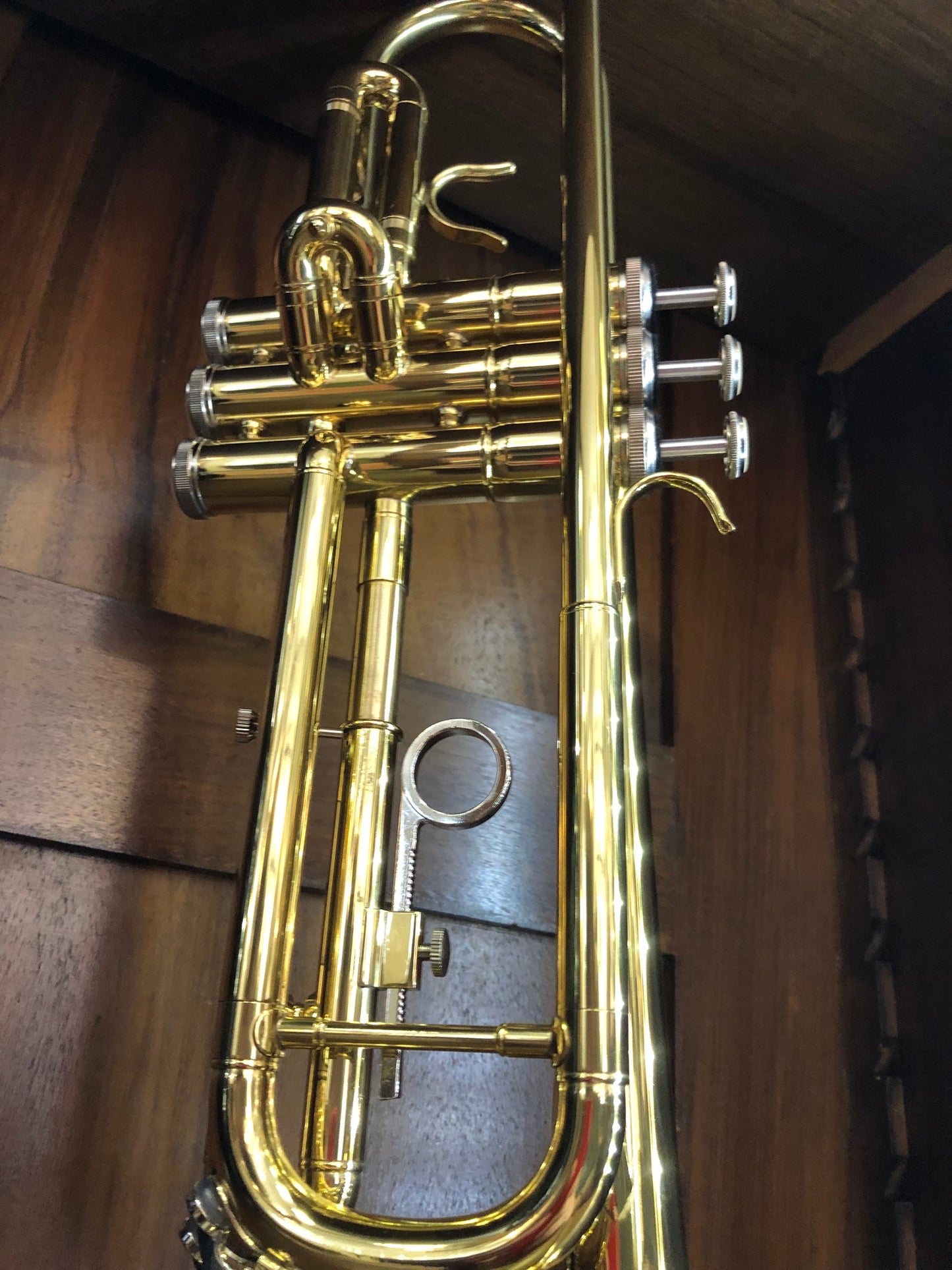 Goldene Bb-Anfängertrompete von Costa Instruments mit Koffer, Mundstück und Zubehör, ideal für Schüler, auf Bild detailreich sichtbar