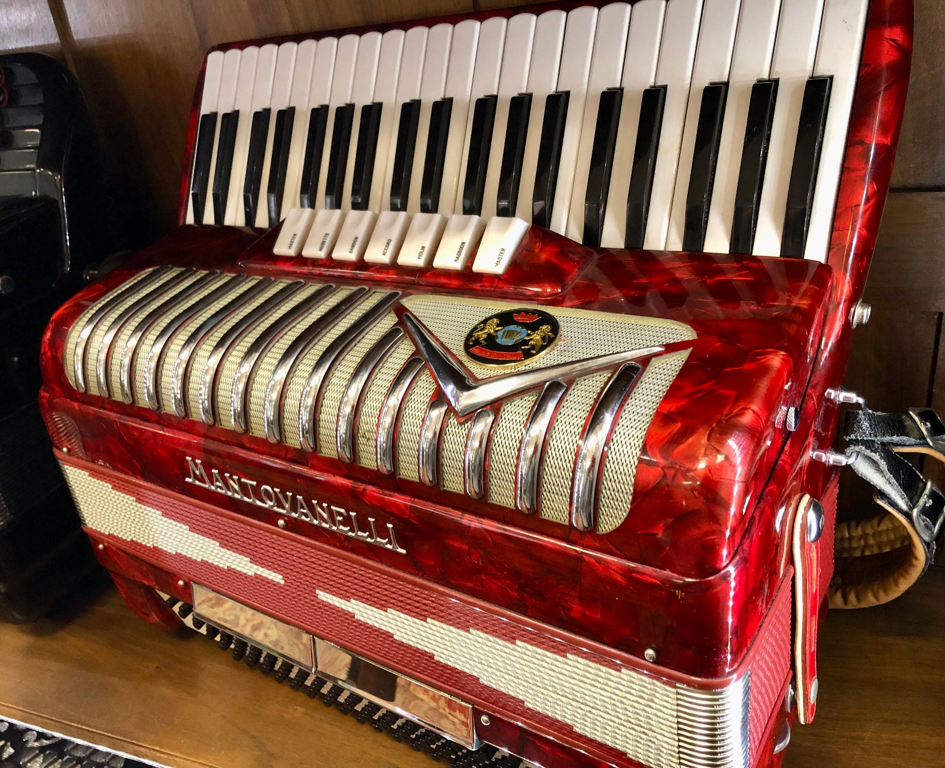 Rotes Akkordeon von Costa Instruments, Mantovanelli Marke, mit 120 Bässen und 7 Registern, spielbereit, auf einem weißen Hintergrund