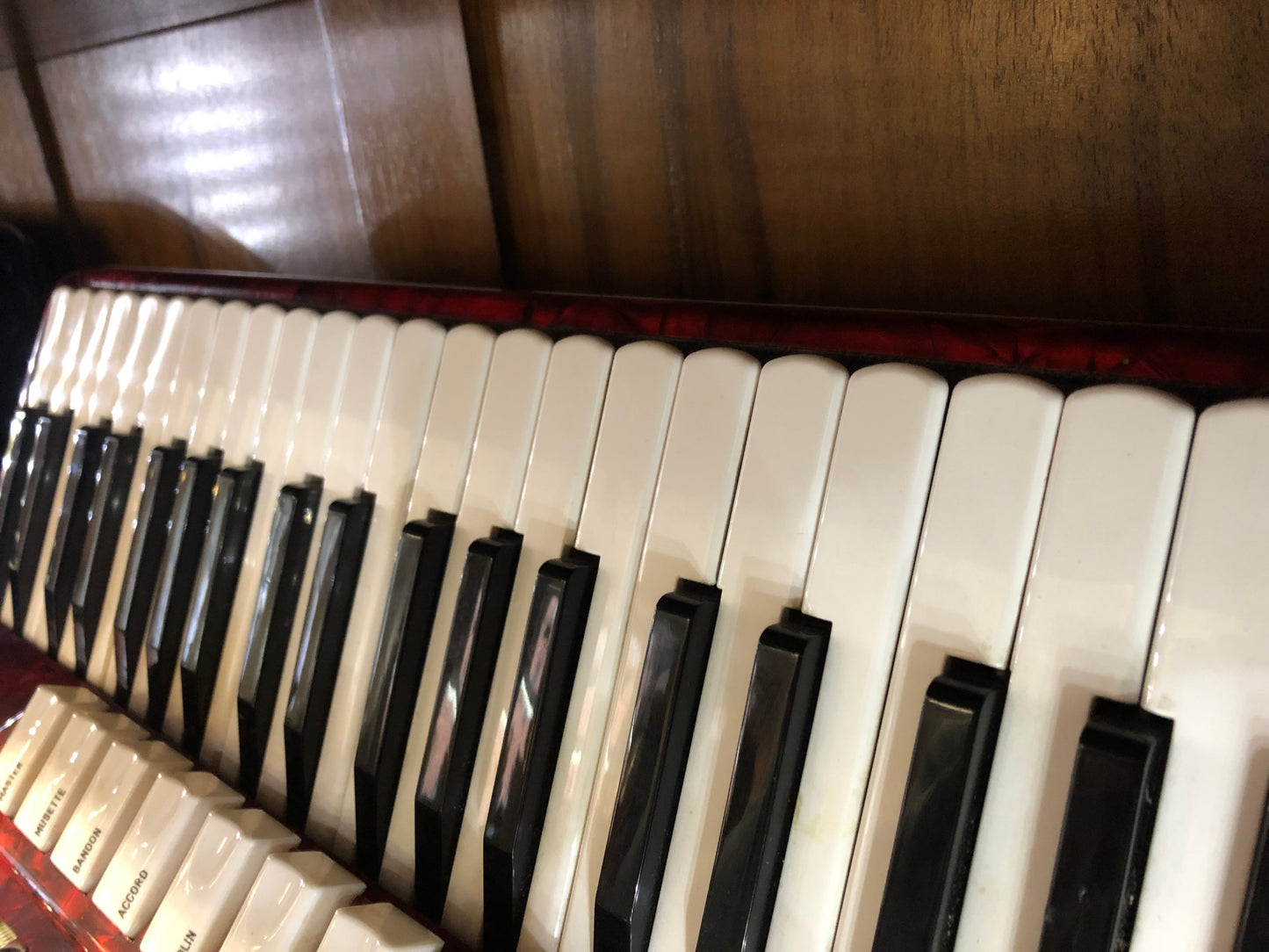 Rotes Mantovanelli Akkordeon von Costa Instruments mit 120 Bass, 7 Registern, spielbereit, auf Bild sichtbar.