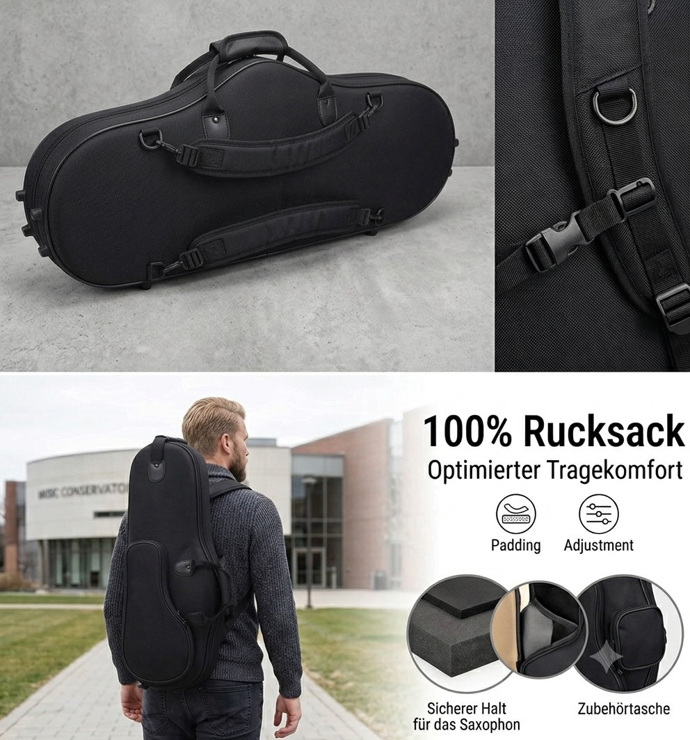 Schwarzer Rucksack für Alt-Saxophon, stabile Costa Instruments Saxophon Tasche, ideal für den Transport und Schutz des Instruments