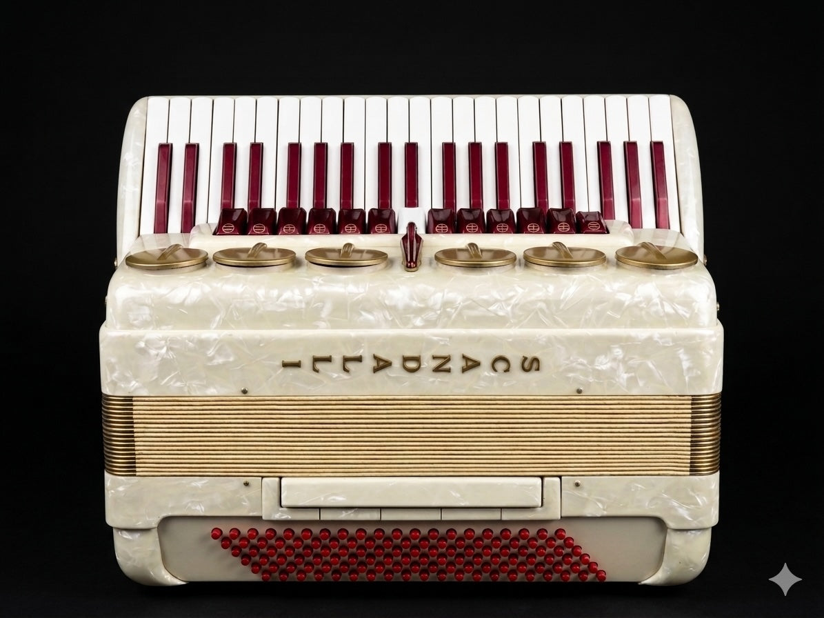 Weißes Scandalli Showman Akkordeon von Costa Instruments mit 120 Bässen und 13 Registern, professionelles Handinstrument.