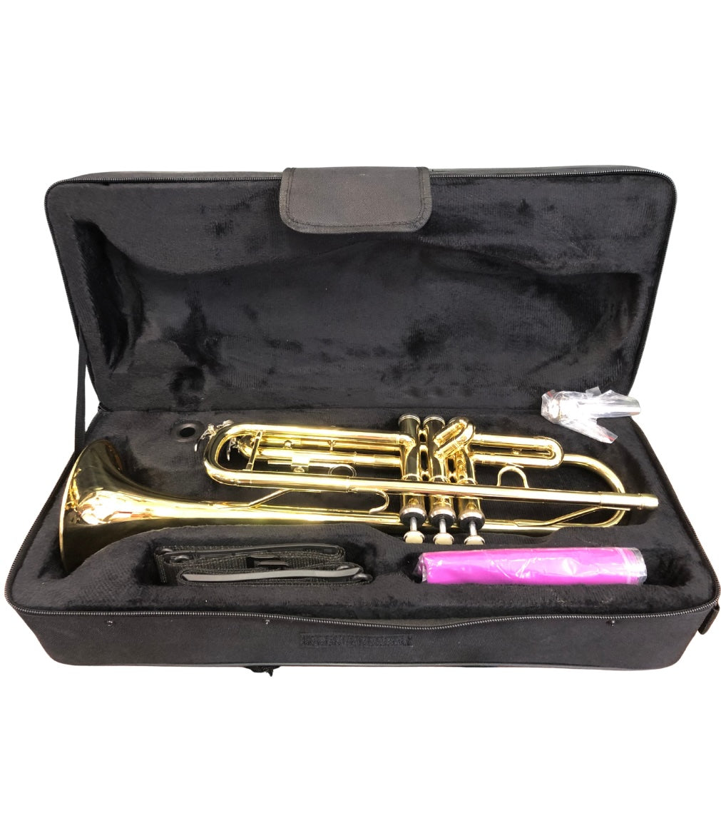 Goldene Bb Schüler-Trompete von Costa Instruments mit Koffer, Mundstück und Zubehör, ideal für Anfänger.