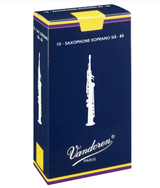 Vandoren Classic Blättchen für Sopransaxophon, zeigt das Blatt mit Markenname und typischer Form auf weißem Hintergrund