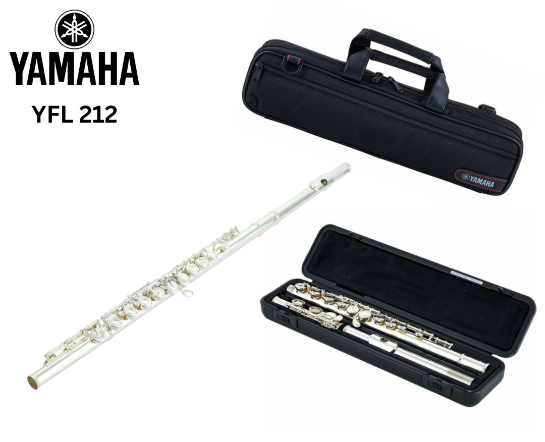 Querflöte Yamaha YFL-212 aus Silber, Blechblasinstrument, mit Klappen und Mundstück, auf einem schwarzen Hintergrund.