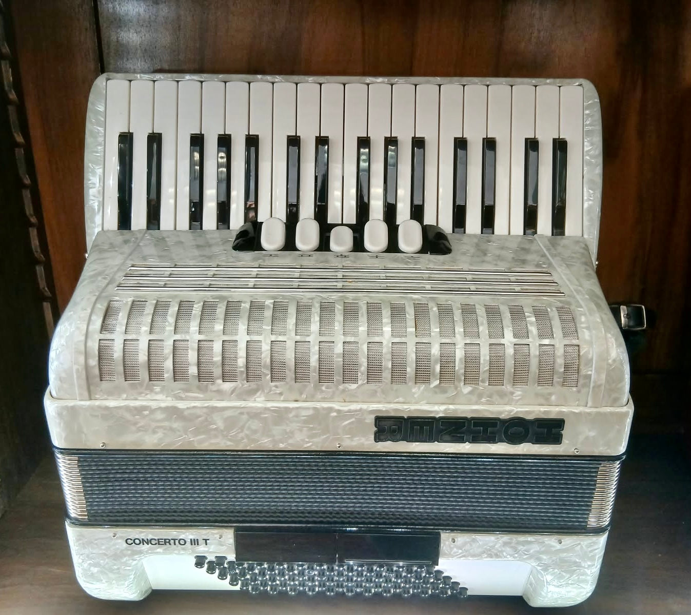 Hohner Akkordeon Weiss CONCERTO III T Perlmutt mit 5 Registern, in Top-Zustand, mit Koffer, von Costa Instruments