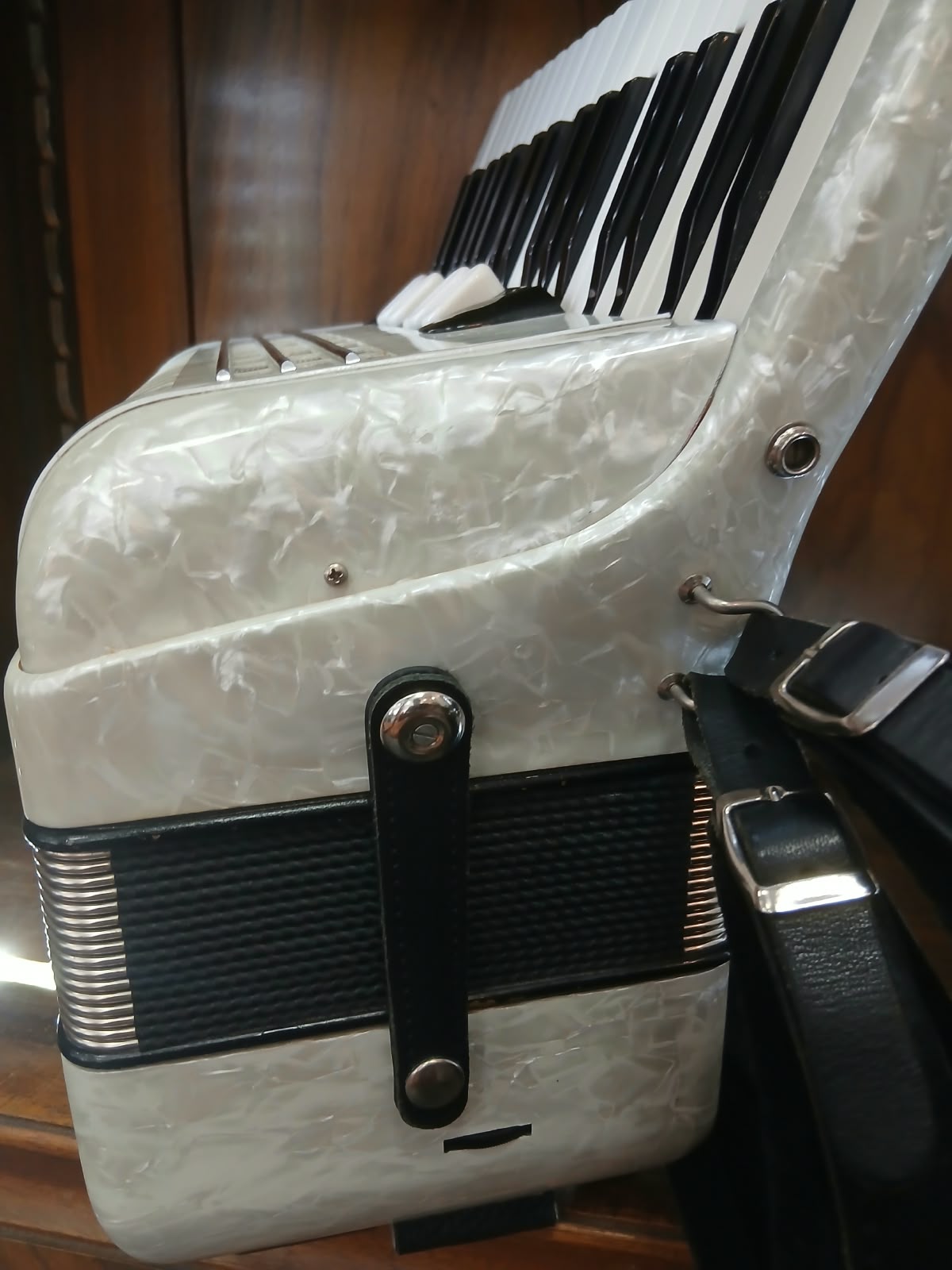 Hohner Akkordeon Weiss CONCERTO III T Perlmutt von Costa Instruments, mit 5 Registern und Koffer in gutem Zustand